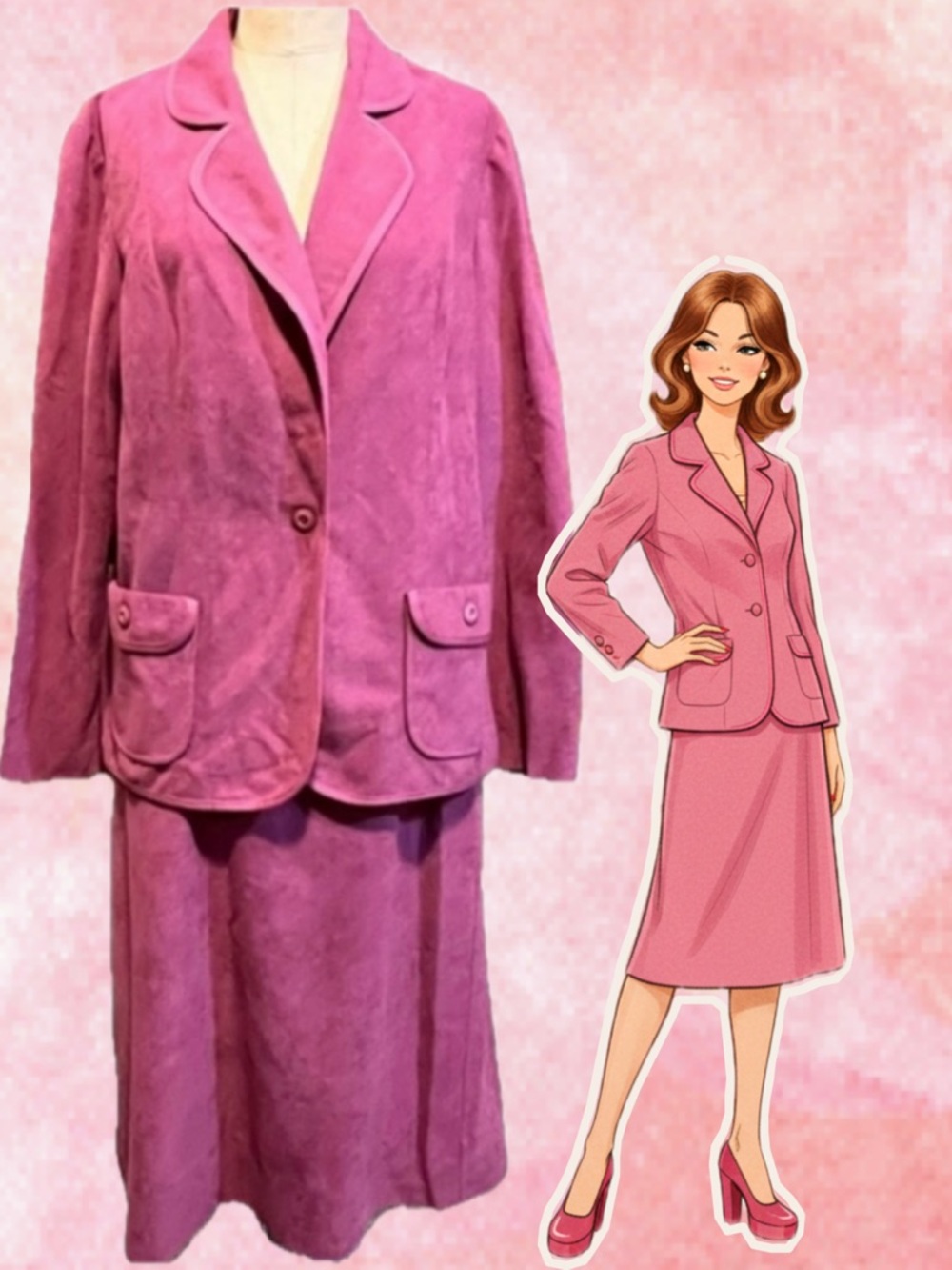VINTAGE raspberry Marty Gutmacker 2 piece skirt suit‎ set blazer jacket 70s 80s